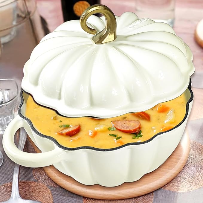 Pumpkin Cast Iron Dutch Oven with Lid, 4.5QT Heavy-Duty Enameled Pot with Dual Handles, Serves 3-5, Oven Safe for Bread Baking, Braising, Cooking and Family Gifts, White