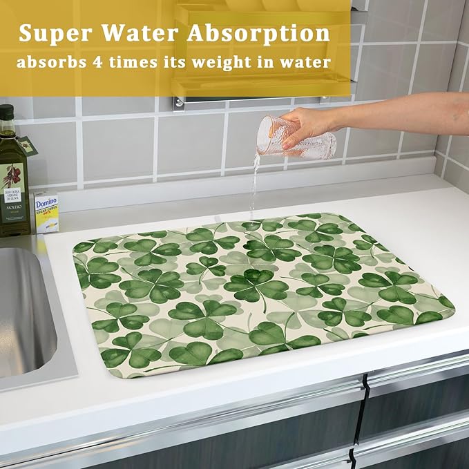 St Patrick's Day Dish Drying Mat for Kitchen Counter 18x24 Saint Patricks Clover Shamrock Green Print Absorbent Reversible Microfiber Drying Mats Kitchen Countertop Protector Dishes Drainer Rack Pad - Image 7