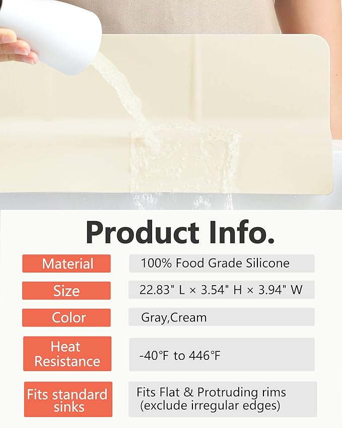 Kitchen Sink Splash Guard 23" 18" 30" Self-Draining Silicone Water Guard with High Splash Wall & Strong Suction Cups for Faucet, Countertop & Sink Edge, Keeps Sinks Dry, Dishwasher Safe,Cream