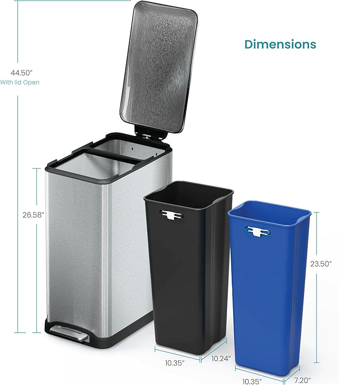 Home Zone Living 13 Gallon Slim Kitchen Trash Can with Dual Compartments for Trash and Recycling, Soft Close Lid, Step Pedal, Stainless Steel, Silver