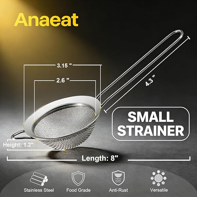 Anaeat Fine Mesh Strainers - Premium Stainless Steel Colander Sieve Sifters, with Durable Mesh and Sturdy Handle, Excellent for Sifting Dry ingredients, Flour, Pastas, Rice, Tea (3.15")