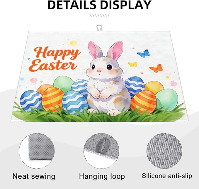 Easter Bunny Dish Drying Mat, for Kitchen Counter Microfiber Absorbent Easter Eggs Dish Draining Reusable Washable Extra Large 18"x24" - Image 7
