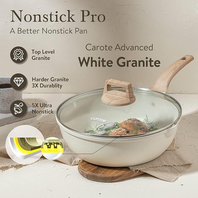 CAROTE 12Inch Nonstick Deep Frying Pan with Lid, 5.5 Qt Jumbo Cooker Saute Pan with Pour Spout, Skillet Induction Cookware, Non Stick Cooking Pan Kitchen Pan PFOA Free, White Granite - Image 7