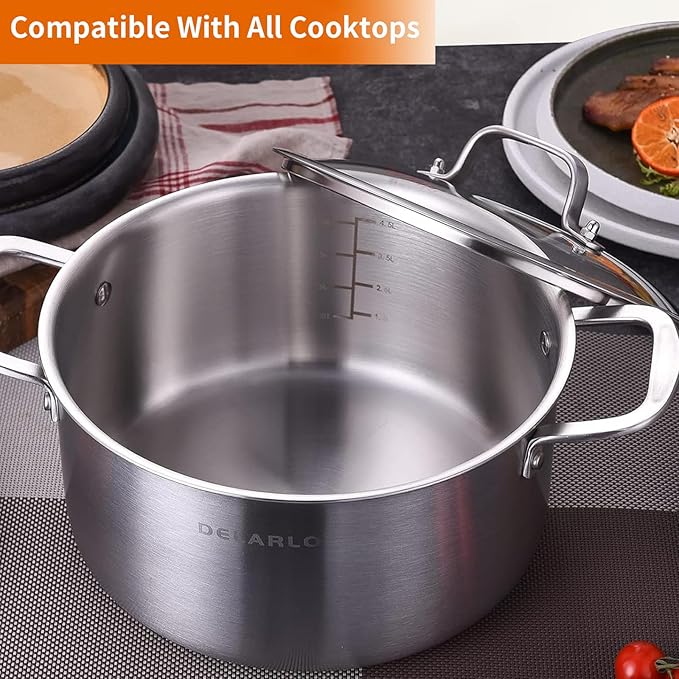 DELARLO Tri-Ply Stainless Steel Stock Pot, 5 Quart Stockpot with Lid, All Stoves Safe Up to 600℉, Saving Fuel 20%, Heavy Duty, Soup Pot with lid, Kitchen Essentials, Fast Even Heat - Image 6