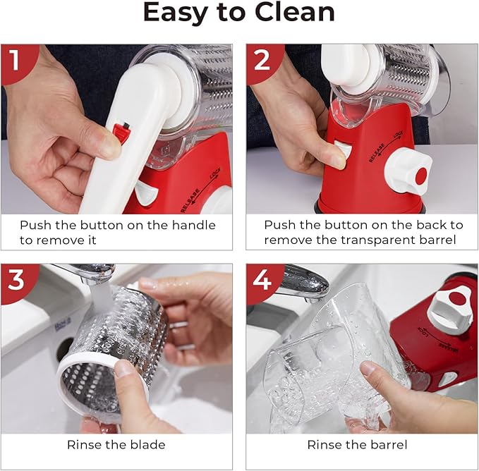 X Home Rotary Cheese Grater for Kitchen, Shredder with 3 Interchangeable Blades, Rotary Grater with Handle and Strong Suction Base, for Vegetables, Fruit, Nuts, Easy to Use and Clean, Red - Image 8