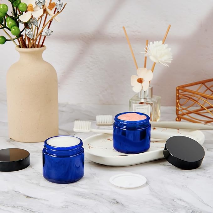 2oz Jars with Lids, Hoa Kinh 24 Pack Blue Glass Jars with Lids Empty Cosmetic Containers Round Airtight Glass Jar with Inner Liners and black Lid for Storing Lotions, Powders, and Ointments