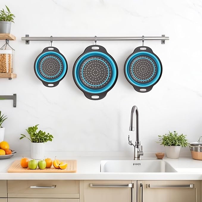 Collapsible Colander 3-Pack Set Space-Saving Foldable Kitchen Strainer with Non-Slip Base Durable Thickened PP+TPE Collapsible Strainers for Pasta, Vegetables, Fruits (Gray-Blue) - Image 7
