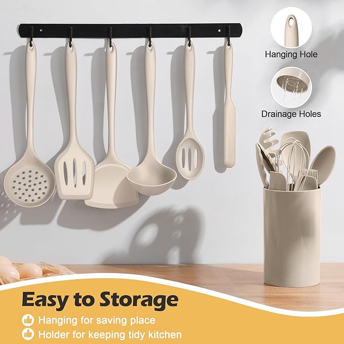 15-Piece Kitchen Cooking Utensils Set with Holder, Homikit Heat Resistant Food Grade Silicone Kitchen Utensils include Slotted Spatula Ladle Turner for Nonstick Cookware, Dishwasher Safe- Khaki - Image 9