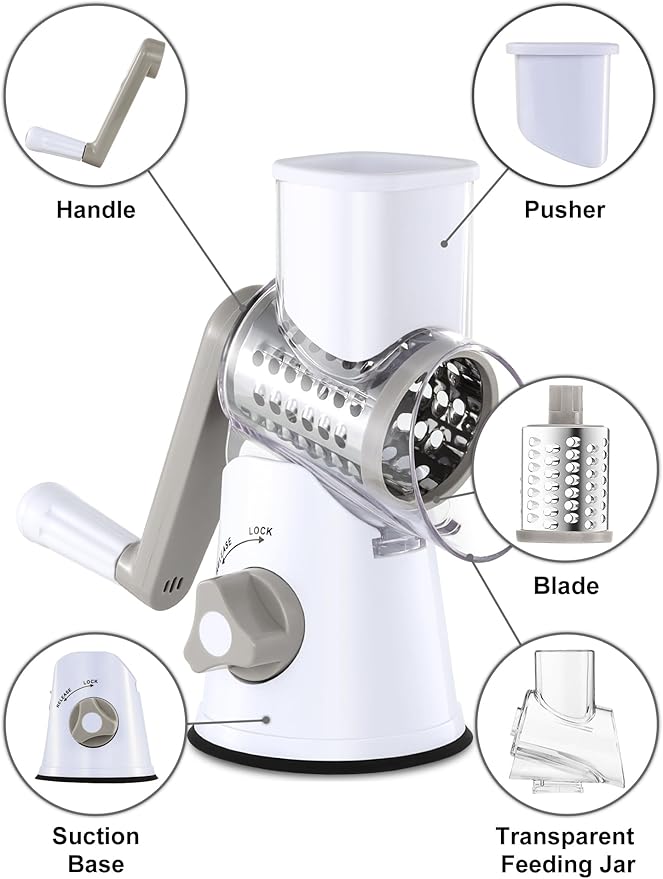Cheese Grater Rotary, Rotary Grater for Kitchen, Kitchen Grater Vegetable Slicer with 3 Drum Blades, Fast Cutting Cheese Shredder for Vegetables and Nuts - Image 8