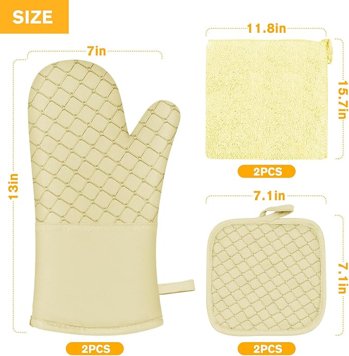 6 Pcs Oven Mitts and Pot Holders, 500℉ Heat Resistant Oven Mitts with Kitchen Towels Soft Cotton Lining and Non-Slip Silicone Surface Safe for Baking, Cooking, BBQ (Milkshake/Beige) - Image 7