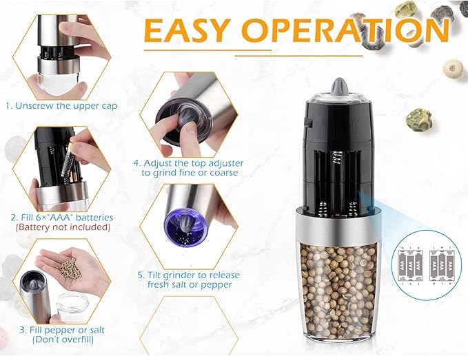Gravity Electric Salt and Pepper Grinder Set, Battery Powered LED Light One Hand Automatic Operation, Adjustable Coarseness Mill Grinders Shakers Black (B.Silver 2p)