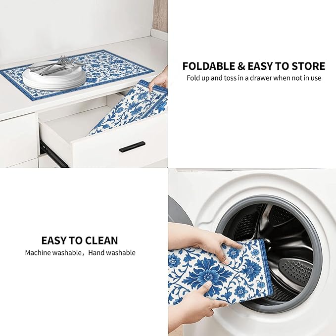 Blue and White Pattern Dish Drying Mats for Kitchen Counter, Large 18"x24" Dish Mats for Drying Dishes, Microfiber Absorbent Dish Drying Pad Rack Mat Kitchen Decor Reusable Washable