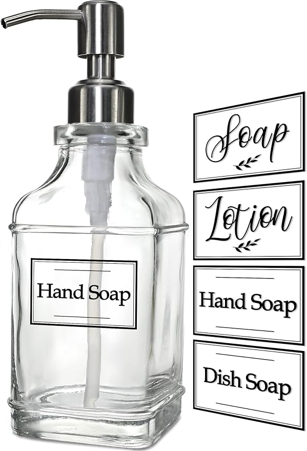 JASAI Antique Design Soap Dispenser with Rust Proof 304 Stainless Steel Pump, Refillable Glass Soap Dispenser with 10Pcs Clear Stickers, Premium Kitchen & Bathroom Soap Dispenser - Image 9
