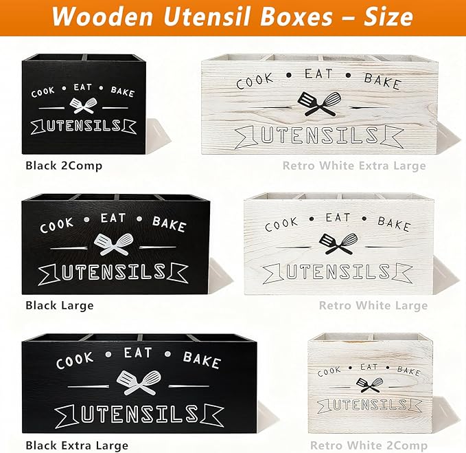 Retro White Wood Kitchen Utensil Holder - Small, Durable & Ideal for Kitchen Counter Decor (Retro White 2 Compartment)