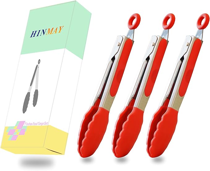 HINMAY 7-Inch Mini Silicone Tongs Small Serving Tongs for Appetizers, Set of 3 (Red) - Image 7