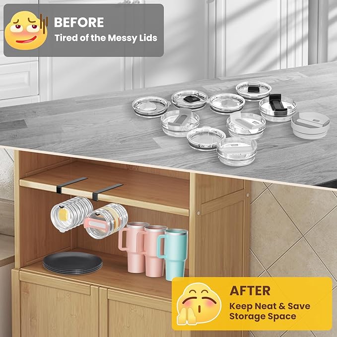 2 Pack Tumbler Lid Organizer, Under Cabinet Cup Lid Holder for Yeti Insulated Mug/Stanley Insulated Mug/Simple Modern Insulated Mug Lid, No Gluing, No Drilling, Up to 10 Lids (Black) - Image 7
