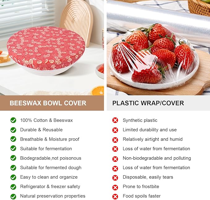 Reusable Bowl Covers for Bread Proofing - Beeswax Bowl Covers Reusable 3 Set, Cotton Blend Stretch Design, Fits 4-13 Inch Bowls, Shower Caps for Sourdough Bread, Dough Proofing & Food Storage(Leaves)
