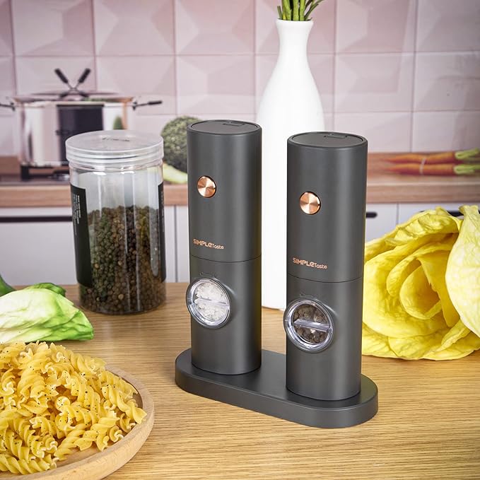 SIMPLETASTE Electric Salt and Pepper Grinder Set with LED Light, Automatic Pepper Mill Shakers with Adjustable Coarseness, One Hand Operation for Kitchen, Dining, Gifting, Space Gray, Battery Operated - Image 7