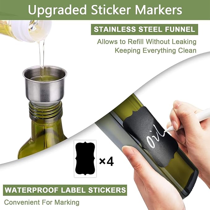 Glass Olive Oil Dispenser and Vinegar Dispenser Set with 2 Stainless Steel Pourers, 4 Labels, 1 Brush and 1 Funnel Oil Bottles for Kitchen (500ml)-Green (Olive Green) - Image 6