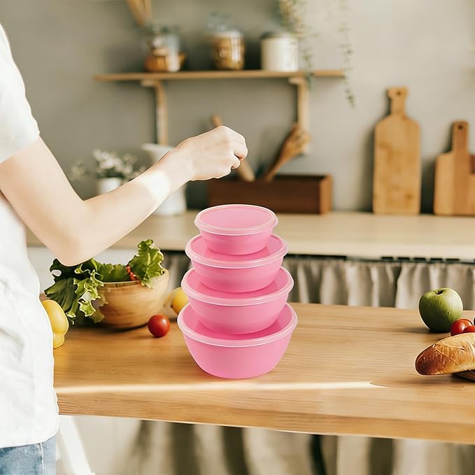 4-Piece Classic Plastic Prep Bowls with Lids, Nesting Plastic Small Mixing Bowl Set for Mixing, Baking, Prepping, Cooking and Serving Food, Microwave and Dishwasher Safe (Pink) - Image 9