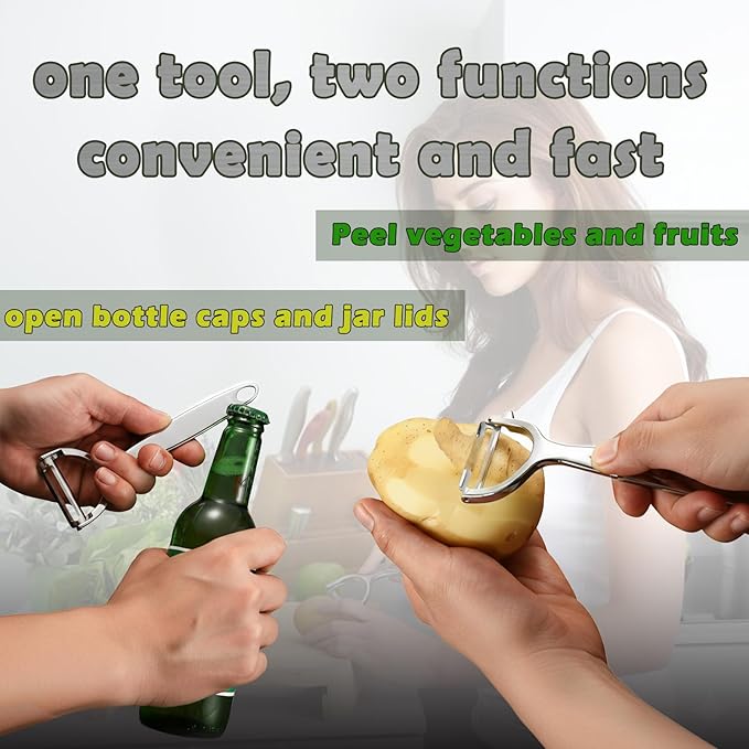 Vegetable Peeler with Bottle Opener, Stainless Steel, Razor-Sharp Blade, Ergonomic Non-Slip Handle, Dishwasher Safe, for Kitchen Peeling Veggie Carrot Fruit Apple