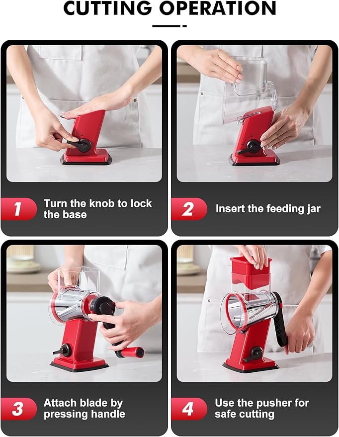 GDL Rotary Cheese Grater Hand Crank - Upgraded Cheese Shredder with 4 Interchangeable Blades, Rotary Grater with Non-slip Suction Base, Easy to Clean Kitchen Grater Slicer Grinder for Vegetable Nuts - Image 8