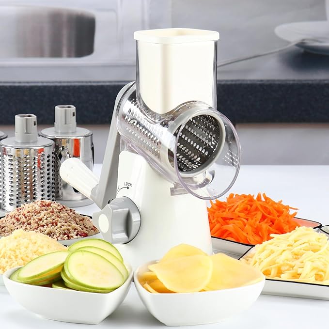 Cambom Rotary Cheese Grater Hand Crank Cheese Shredder for Fresh Cheese, Vegetable, Nuts,Non-slip Suction Base, Free Cleaning Brush Three Blades, White - Image 8