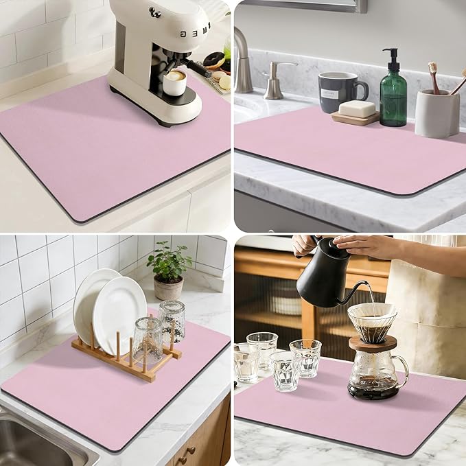 Coffee Mat,Absorbent Dish Drying Mat for Kitchen Counter,Coffee Bar Mat,Non-Slip Rubber Backed,Hide Stains & Quick Dry,for Espresso Machine,Coffee Station,Cups & Sink,12" x 20"(Pink)