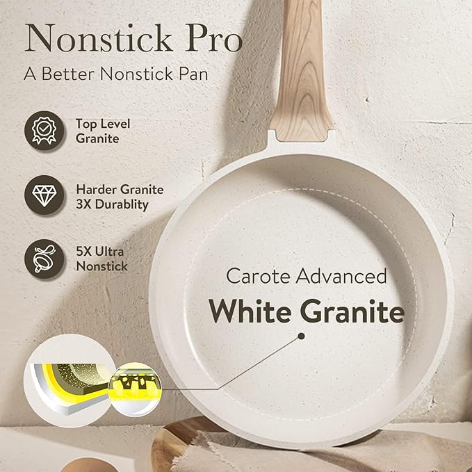 CAROTE Non Stick Frying Pan Skillet, Omelet Pan, Healthy Non Toxic Granite Chef Pan, Induction Compatible Egg Frying Pan with Heat-Resistant Handle, PFOA-Free,Cream White, 8" - Image 7