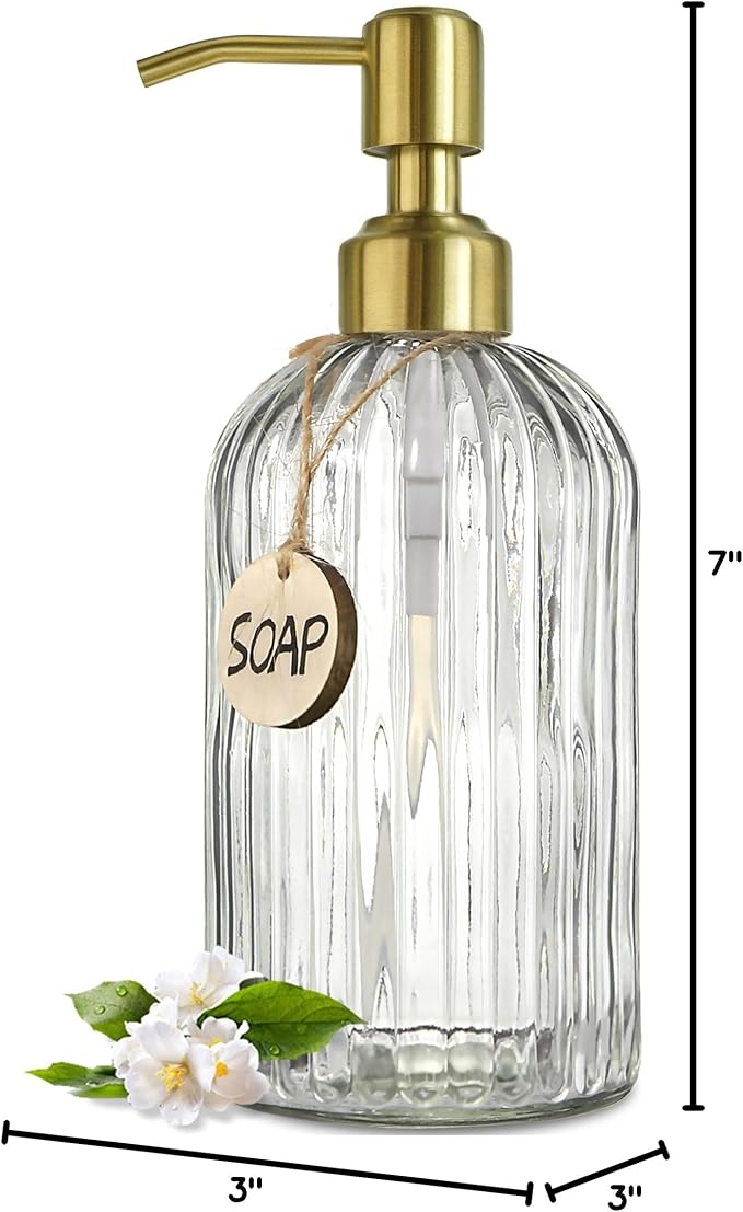 JASAI 18Oz Glass Soap Dispenser with Golden Pump for Kitchen,Refillable Liquid Hand soap Dispenser with Vertical Stripe, Clear Soap Dispenser Bathroom for Hand soap, Dish Soap, Lotion - Image 8