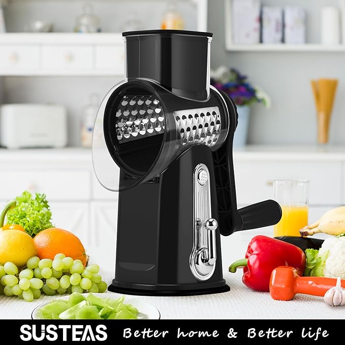 SUSTEAS Rotary Cheese Grater with Handle - Vegetable Shredder with 5 Well-designed Blades & Strong Suction Base,Round Mandoline Slicer & Food Chopper for Kitchen,with Blade Storage Box(Black) - Image 7