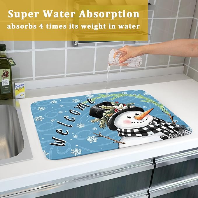 Christmas Snowman Dish Drying Mat for Kitchen Counter 18x24 Blue White Snowflake Welcome Winter Holiday Absorbent Reversible Microfiber Drying Mats Kitchen Countertop Protector Dishes Drainer Rack Pad - Image 7