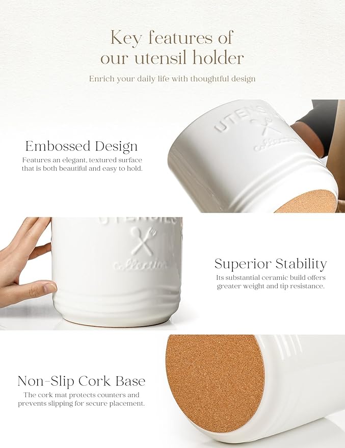 AISBUGUR Large Ceramic Utensil Holder: 7.5" H×6.3" W with Slanted Mouth - Utensil Crock with Non-Slip Cork Base for Kitchen Counter, Ideal for Decor & Gift,white utensil holder - Image 8