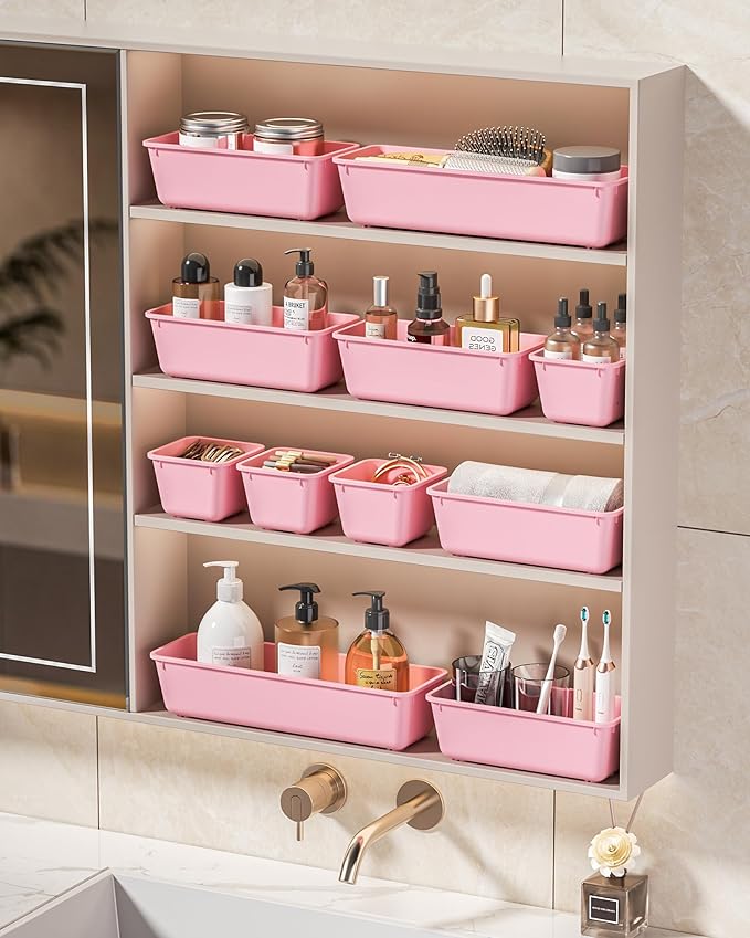 KEMETHY 25 PCS Plastic Drawer Organizers Set, 4 Sizes Vanity Organizer, Makeup and Desk Drawer Organizer Trays, Organization and Storage for Makeup, Bathroom, Kitchen Utensils and Office (Pink) - Image 7