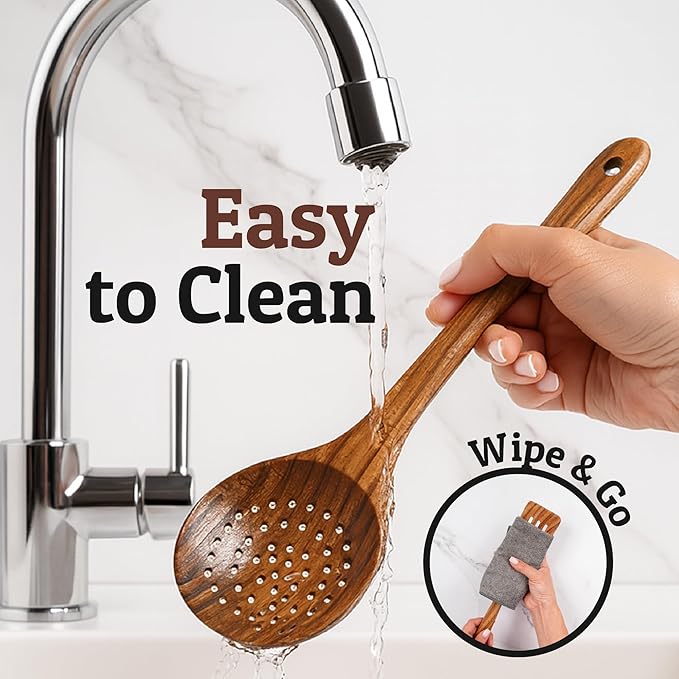 PriorityChef Wooden Slotted Spoon - Premium Teak Cooking Utensil for Frying, Straining & Serving - Long Handle Kitchen Spoon for Nonstick Cookware - Handcrafted Durable Wood
