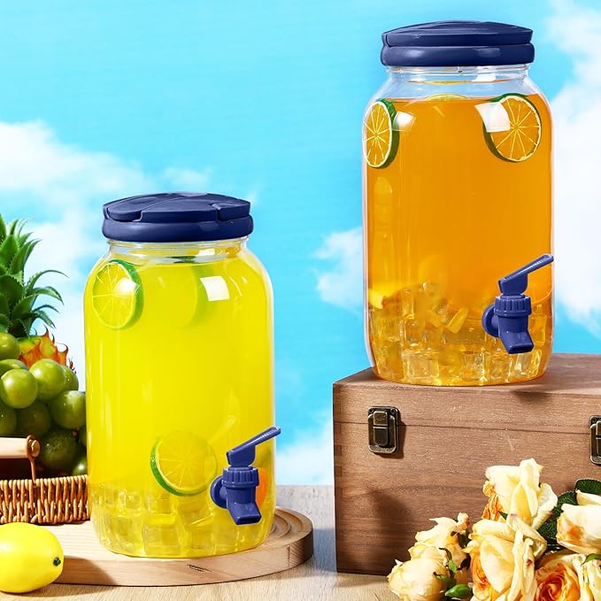 Havawish 2 Pcs 1 Gallon Plastic Beverage Dispenser with Spigot Clear Summer Kitchen Fridge Drink Dispenser for Parties Lemonade Juice Tea Beer Cold Water(Blue,Cylinder)