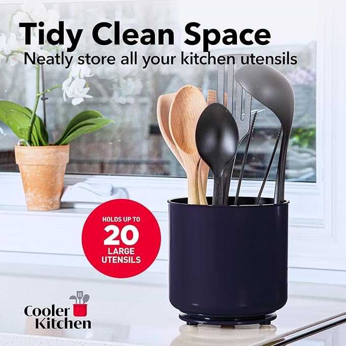 Cooler Kitchen Jumbo Plastic Rotating Extra Large Utensil Holder Crock with No-Tip Weighted Base, Removable Divider, and Gripped Insert - Kitchen Utensil Holder for Kitchen Counter: Blue Utensil Caddy - Image 6