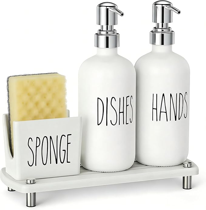 Cisily Kitchen Soap Dispenser Set Comes with Ceramics Sponge Holder, Gold Pumps, and Instant Dry Tray, Hand and Dish Soap Dispenser Set (4, Silver + White + Sponge Holder) - Image 8