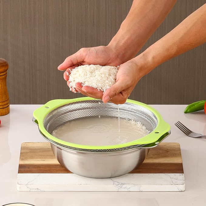 Colander Stainless Steel Microporous, 2QT Rice Strainer with Mixing Bowl, Rice Washer Bowl Set with Handle, Food-Grade Strainers and Colanders for Kitchen, Pasta, Fruit, Dishwasher Safe - Image 9