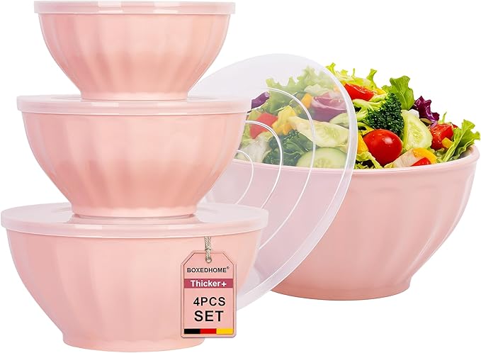 BoxedHome Mixing Bowls with Lids Set, 4PK Large 0.2” Thick Plastic Nesting Mixing Bowl, Microwave Safe,Size 1.37,2.32,3.8 and 5.07qt, Pink - Image 9