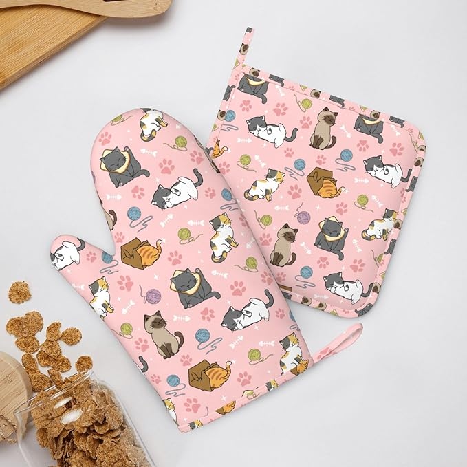 Cute Cats Oven Mitts and Pot Holders Sets Heat Resistant Non-Slip Silicone Oven Gloves Kitchen Accessories for Cooking Baking Grilling BBQ