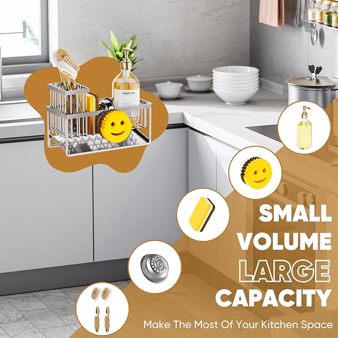 Sponge Holder for Kitchen Sink,Smiley Face Sink Caddy with Removable Brush Holder,Self-Draining Sponge Caddy for Soap,Dish Brush,Scrubber,Kitchen Essentials and Gadgets-Silver - Image 7