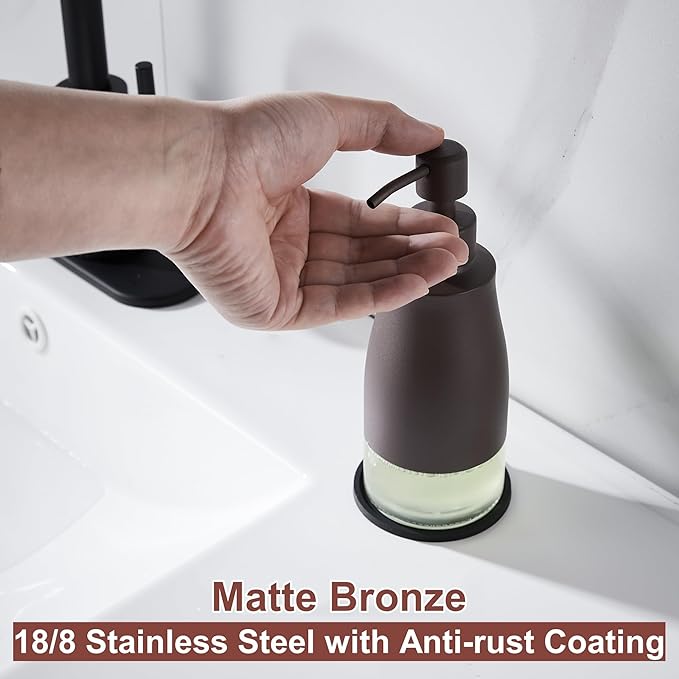 Gaussra Matte Brown Soap Dispenser with Coaster and Stickers, Stainless Steel and Glass Bottle Hand Pump Dispenser, Refillable Liquid Hand Soap Dispenser for Bathroom & Kitchen (11OZ / 320ML) - Image 8