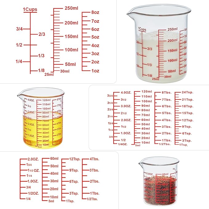 Ackers High Borosilicate Glass Measuring Cup Set with Pour Spout,60ml(2OZ),120ml(4OZ), 250ml(8OZ) Glass Measuring Beaker for Kitchen or Restaurant, Easy to Read - Image 8