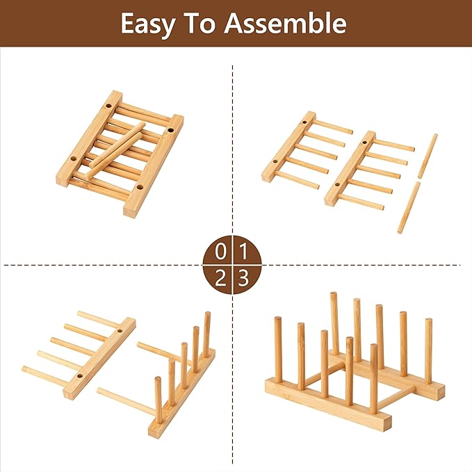 HBlife Bamboo Dish Plate Bowl Cup Book Pot Lid Cutting Board Drying Rack Stand Drainer Storage Holder Organizer Kitchen Cabinet(Keep Dry) - Image 7