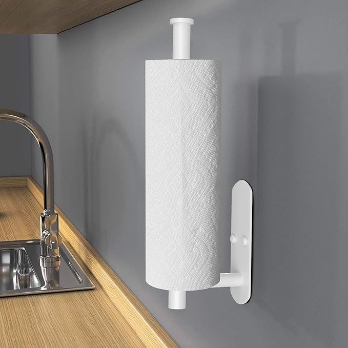 VAEHOLD Self Adhesive Paper Towel Holder Under Cabinet Mount, Wall Mounted Paper Towel Roll Holder for Kitchen, Bathroom, Wall - Stainless Steel (White) - Image 7