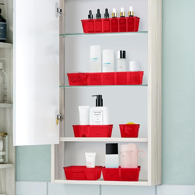 WOWBOX 25 PCS Plastic Drawer Organizer Set, 4 Sizes Desk Drawer Divider Organizers and Storage Bins for Makeup, Jewelry, Gadgets for Kitchen, Bedroom, Bathroom, Office, Clear Red - Image 6