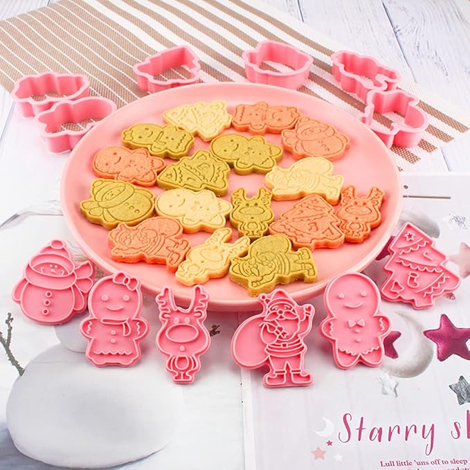 (Set of 8) Christmas Cookie Cutters with Plunger Stamps Set, Gingerbread Boy/Girl Snowman Santa Claus Snowflake Christmas Tree Reindeer Cookie Cutters