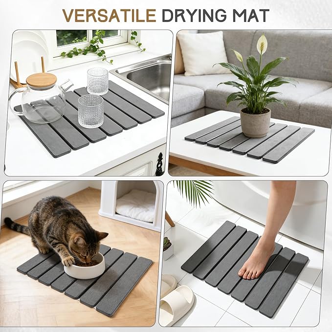 Stone Drying Mat, HQAUT Quick Dry Dish Drying Mat for Counter, Foldable Diatomaceous Earth Mat with Sanding Tool and Anti-Slip Pad, Fast Drying Stone Pad for Dishes and Glassware