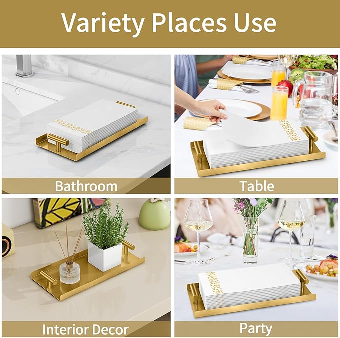 STWWO Napkin Holder for Bathroom, Guest Towel Holder Tray for Bathroom, Gold Guest Napkin Holders with T-Handle, Disposable Hand Towel Tray for Guest Room, Table, Kitchen (Pack of 2)